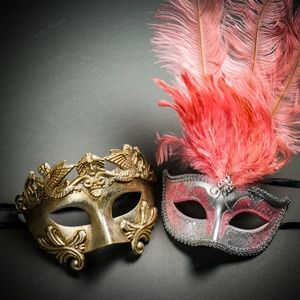 Roman Warrior & Pink Tall Feather Couple Masks